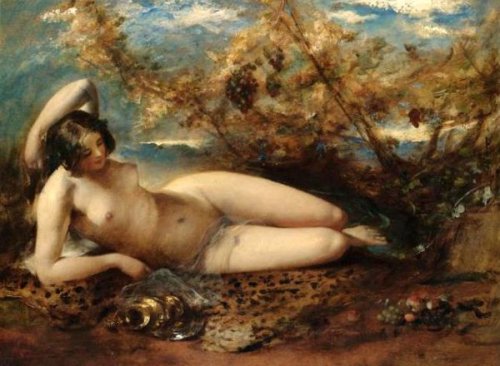 A Young Woman Reclining On A Fur Rug - A Woodland Nymph